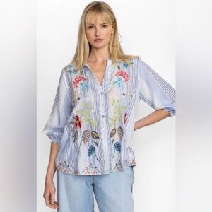 Johnny Was Emika Relaxed Smocked Shirt in Aster Stripe Pattern